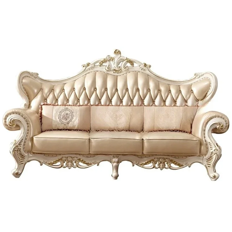AAEuropean Sofa Solid Wood Leather 1 + 3 Princess Combination Luxury American First-layer Cowhide Sofa