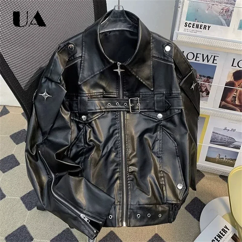 Men's Black Faux Leather Jacket: Oversized Punk Style with Star Embellishments, Buckle Belt & Zipper Details, Lapel Collar