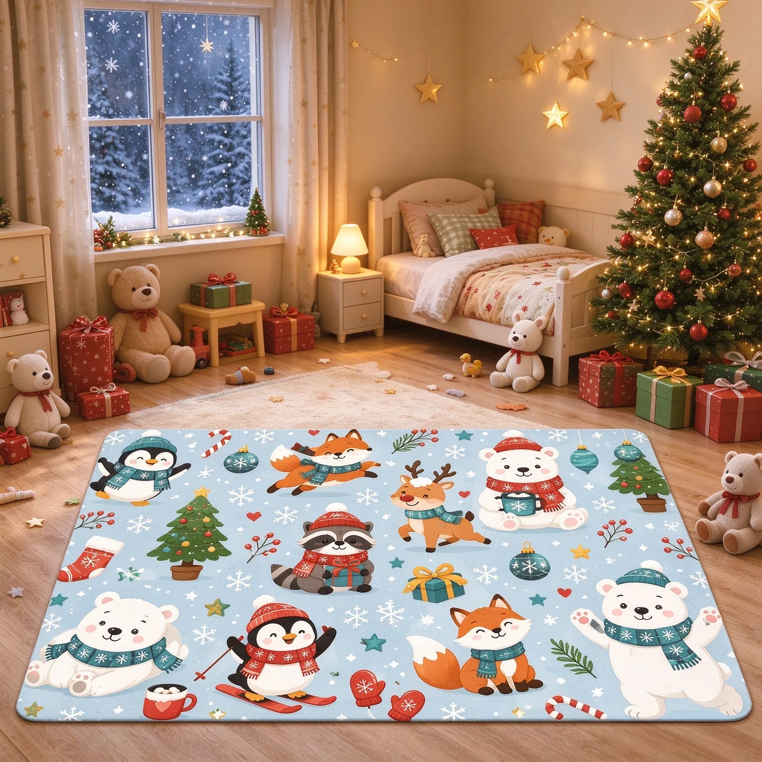 Cartoon Polar Bear Penguin Xmas Mat Cute Forest Animal Pattern Carpet For Holiday Gift