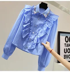 High Quality Autumn Blue Striped Ruffles Office Ladies Blouses Tops Luxury Women Lapel Diamonds Ruffles Buttons Up Loose Shirts