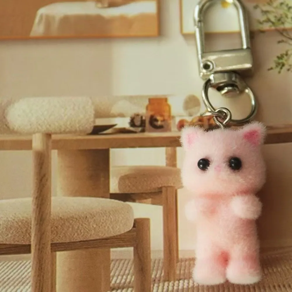 Handmade Bag Hanging Cat Keychain Creative Resin Plush Cat Pendant Mini Ornaments Car Key Ring Backpack Accessory