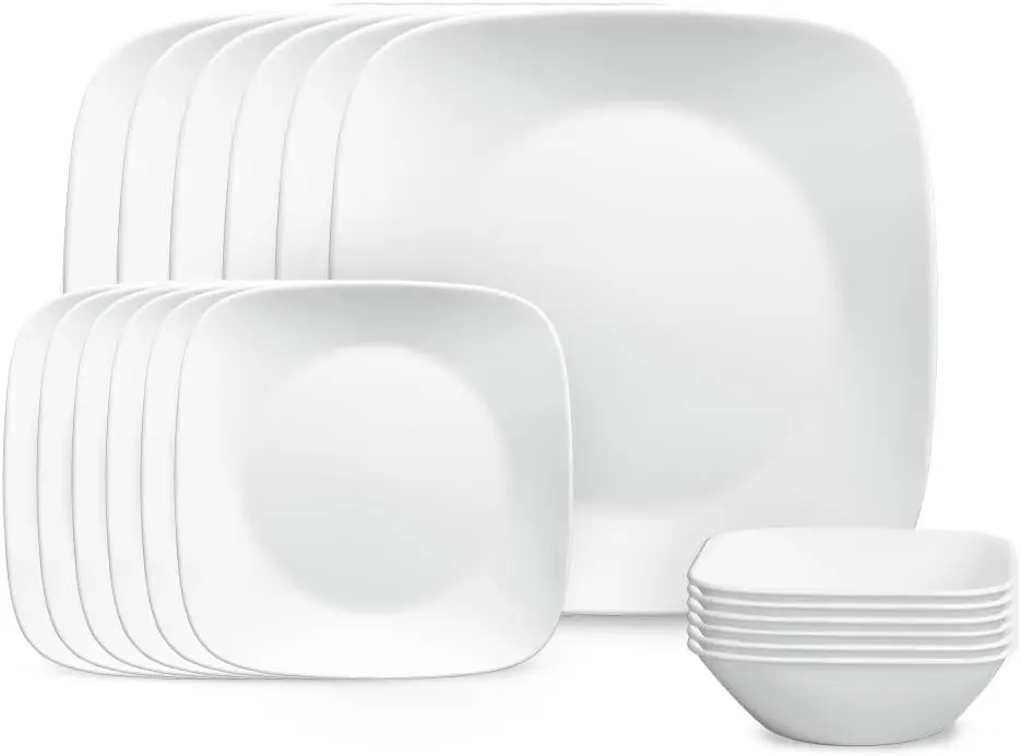 

Vitrelle 18-Piece Service for 6 Square Dinnerware Set Triple Layer Glass and Chip Resistant, Lightweight Square Plates and Bowls
