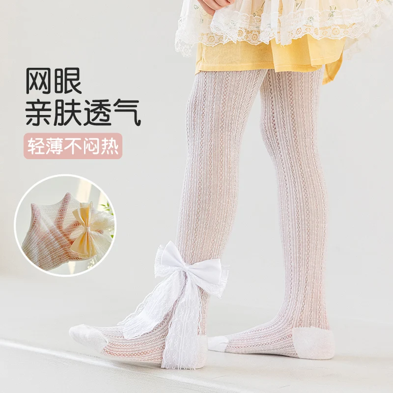 Cute Kids Lolita Sheer Mesh Tights Luxury Satin Lace Giant Bow Pattern Stretchy Anti-Pilling Lovely Girls Casual Wear Pantyhose