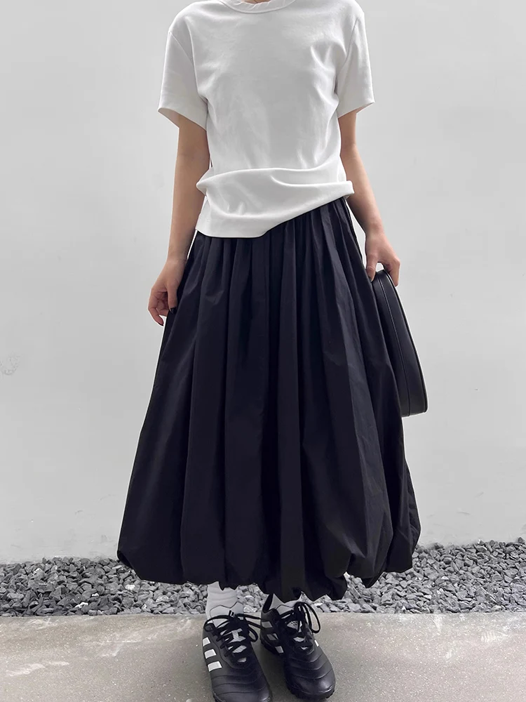 HOUZHOU Long Skirt Women Elegant Solid Elastic Waist A-line Vintage Korean Fashion Loose Balloon Maxi Skirt Casual Streetwear