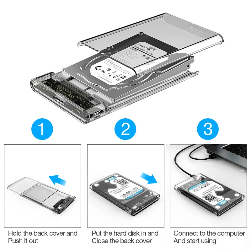 2.5inch HDD SSD Case USB 3.0 Type C Transparent HDD Enclosure，External Hard Drive Disk Case for Laptop SATA Box SSD Harddisk Box