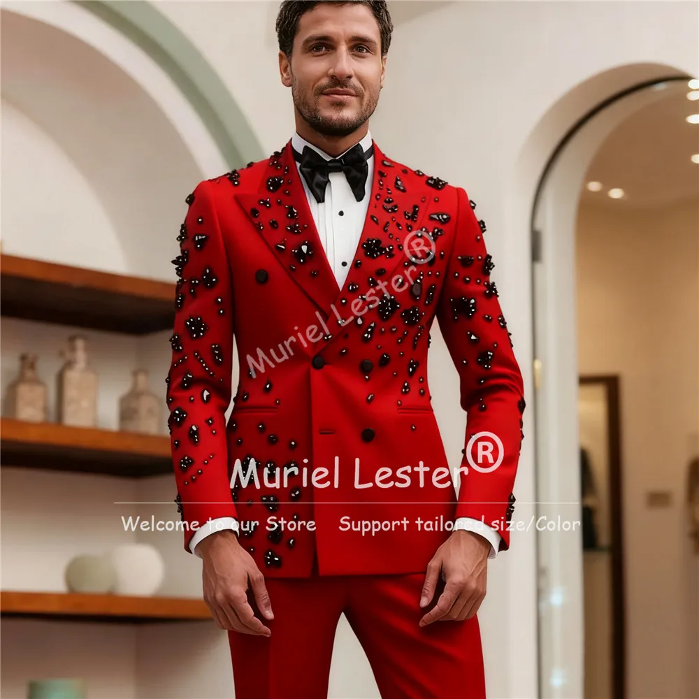 

Черные костюмы с бриллиантами и бисером, мужские свадебные комплекты из 2 предметов, двубортный пиджак для жениха, индивидуальный мужской банкетный костюм, Ropa Hombre 2026