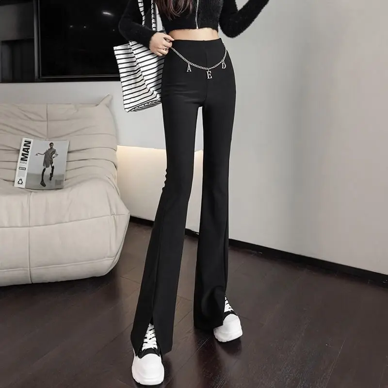 Micro Flared Pants with Front Slit Western Style Casual Pants Women's Hanging High Waisted Black Flared Pants