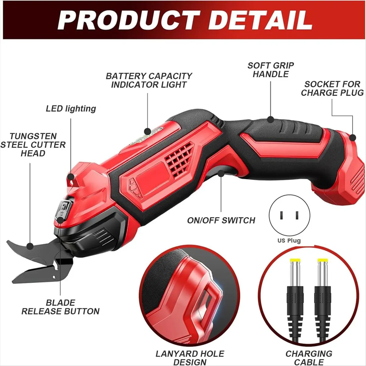 Y895A J~Electric Scissors with 2 Blades, 4.2V Cordless Fabric Shears Rechargeable Cloth Cutter, Power Shears for Sewing US Plug