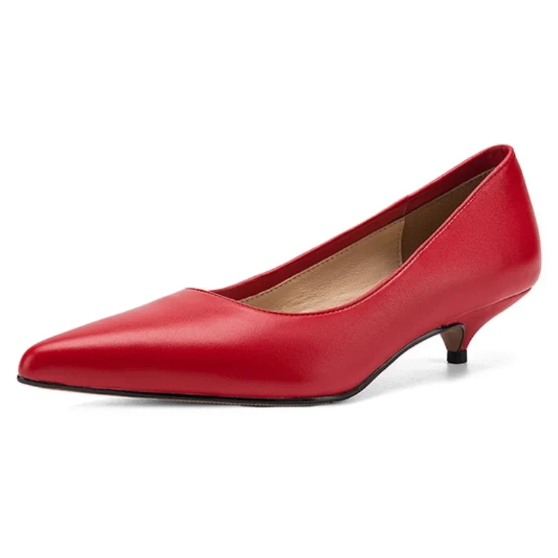 Elegant Pumps Shoes for Women Genuine Leather Low Heel Slip on Black Yellow Red Party Ladies Dress Shoes Comfort Good Quality