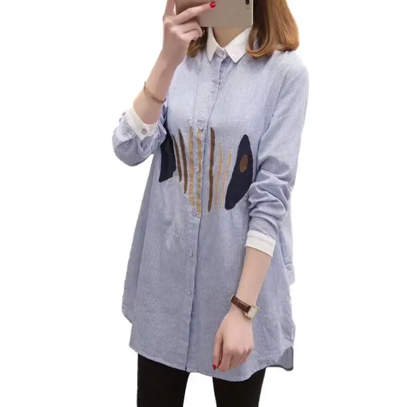 Spring Autumn New Turn-down Collar Long Sleeve Shirt Women High Street Printing Striped Button Cardigan Elegant Mid-length Tops