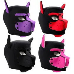 Unisex Sexy Costumes of Men Women Latex Open Mouth Hole Dog Headgear Full Face Fetish Mask Hood for Halloween Pupply Play Party