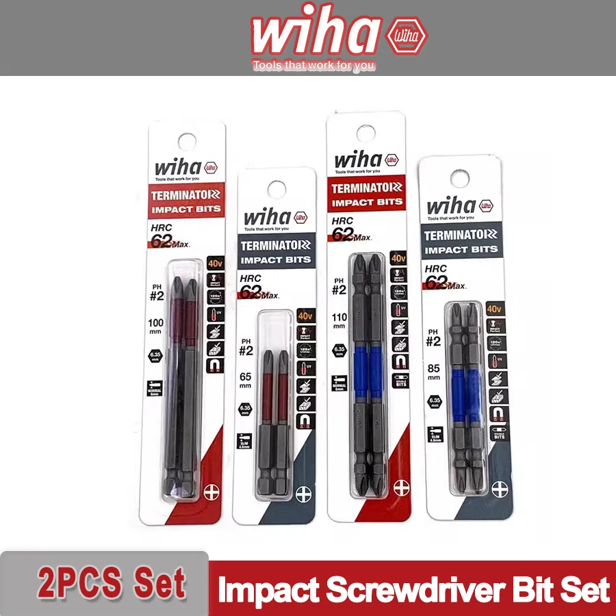 WIHA Impact Screwdriver Bit High Torque HRC 62 PH2 Bits 65 85 100 110mm 2PCS Phllips Screw Driver Head 91001C Series