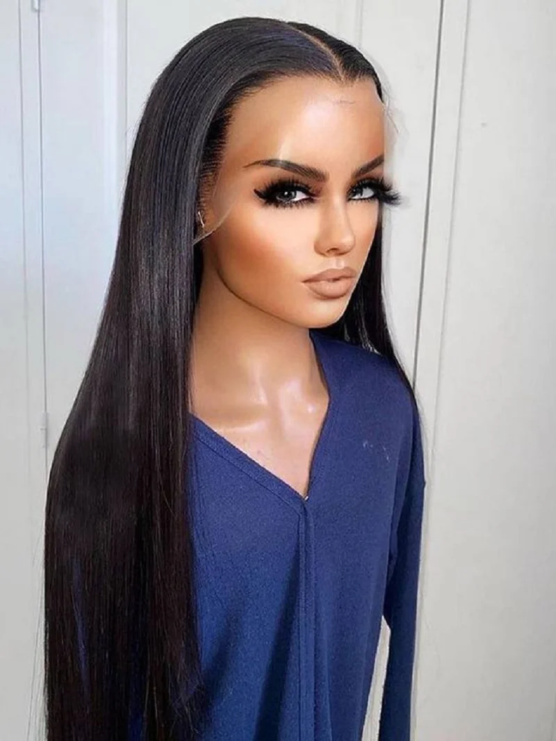 Lembut panjang 26 inci halus lurus alami hitam renda depan Wig untuk wanita hitam dengan sintetis prepked tanpa lem rambut bayi sehari-hari