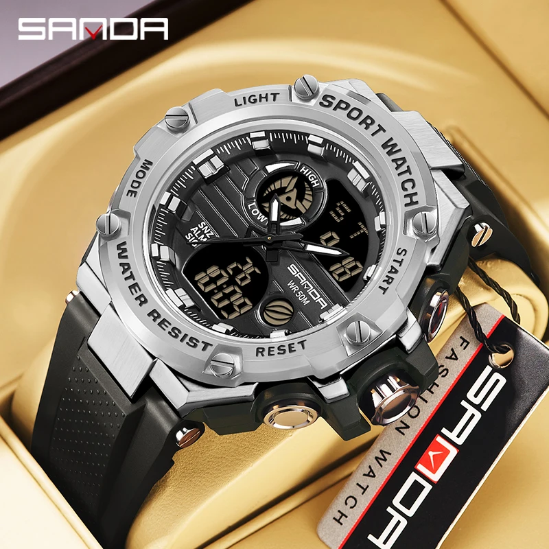 

SANDA Dual Display Men Watches Waterproof Sports Watch Military Man Alarm Stopwatch Quartz Wristwatch Male Digital Clock 3196