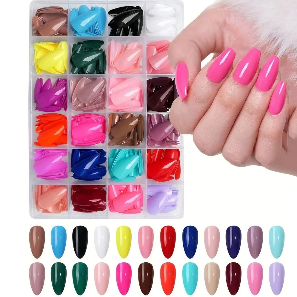 576Pcs 24Colors Medium Almond Press On Nails Glossy Solid Colorful Soft Gel Fake Nail Tips Wearable Full Cover False Fingernails