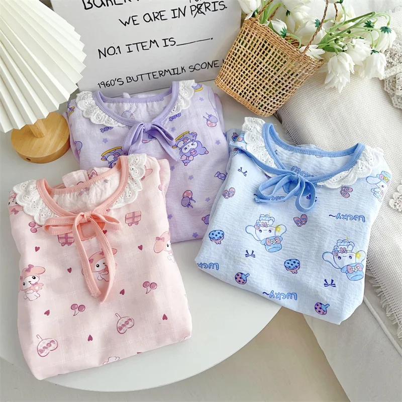 

2024 My Melody Girls Nightdress Sanrio Kawaii Anime Kuromi Cinnamoroll Dresses Summer Sweet Cute Cartoon Babys Clothes Kid Gift