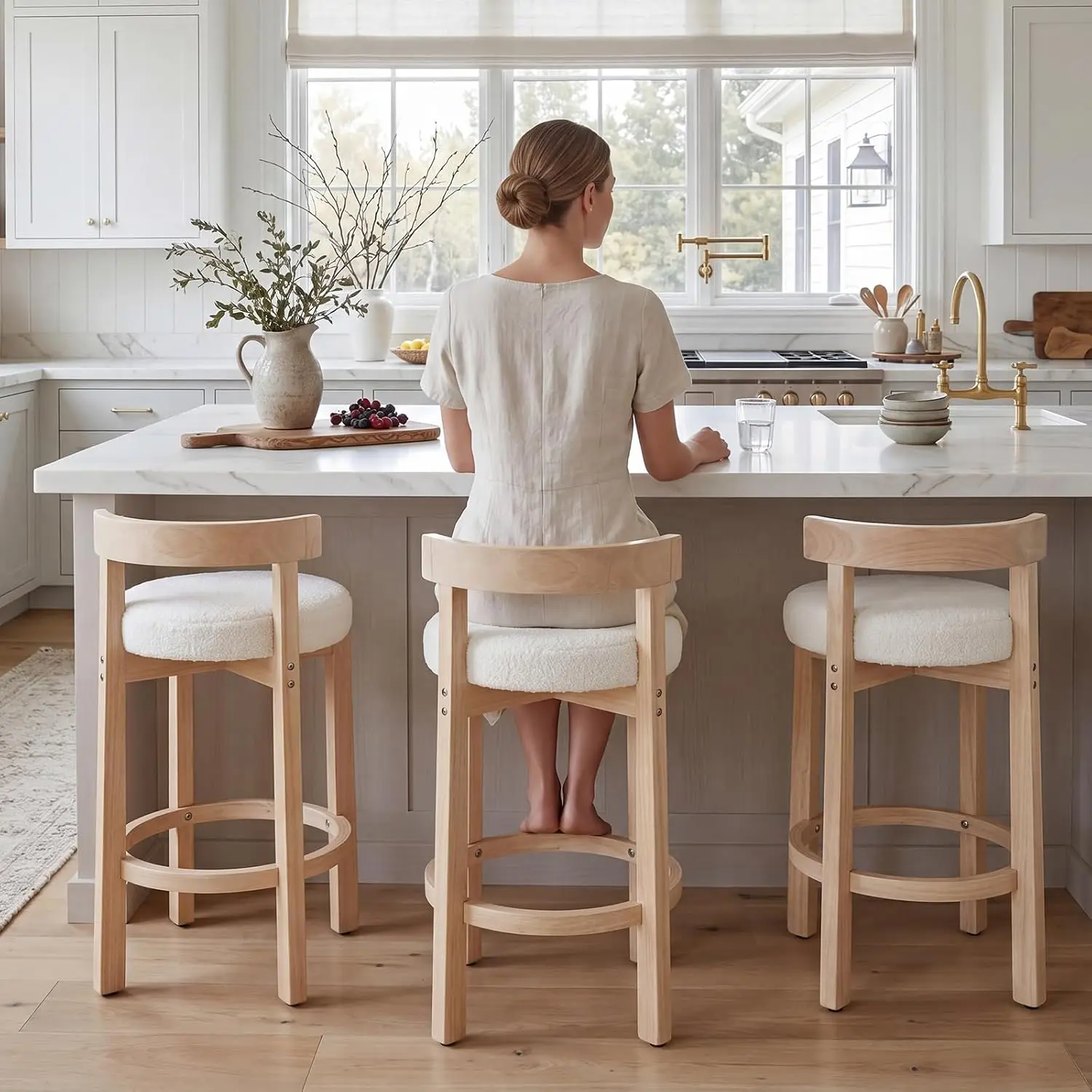 Mid-Century Bar Stools 4pc, 26.5in Sherpa Counter Height Stools with Wooden Legs for Kitchen Island Dining, Customized - view 6