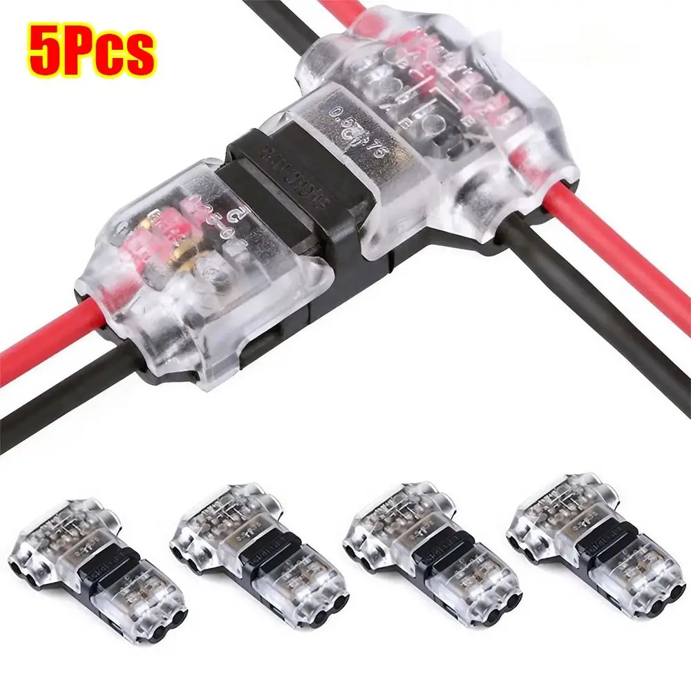 1/5Pcs T Type Pluggable Wire Connector 2 Pin Low Voltage Electrical Cable Crimp Quick Splice No Stripping Terminal Clamp