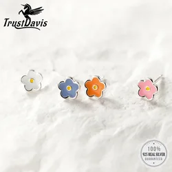 TrustDavis Real 925 Sterling Silver Sweet Mini Colour Glaze Flower Stud Earrings For Daughter Girls Birthday Gift Jewelry DF158