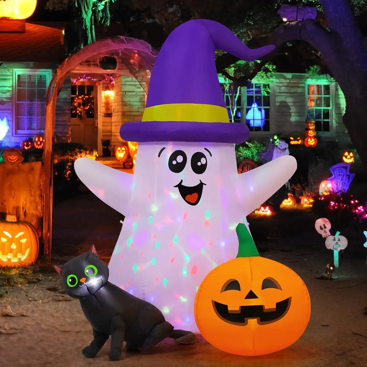5 Feet Halloween Inflatables Ghost Outdoor Decor Blow Up Yard Cute Wizard Black Cat Pumpkin Built In LEDs Garden Lawn Indoor Par
