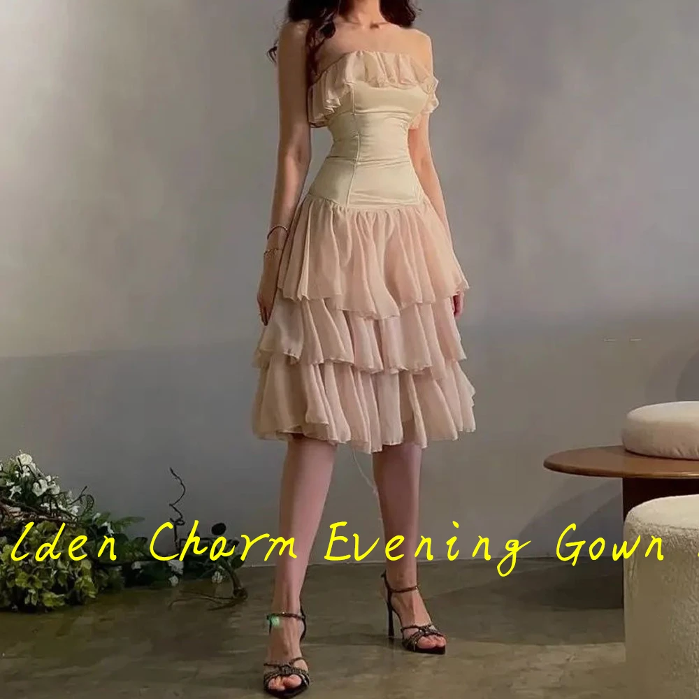 Customized A-Line Evening Dress Knee Length Strapless Chiffon Sleeveless Pleats  Custom Made Photo Color Prom Dress Delicate and image 4
