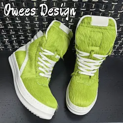 Vrouwen Groen Paardenhaar Enkellaarsjes Echt Leer Hoge Top Zip Lace Up Schoenen Mannen Mode High Street Vintage Luxe Sneakers