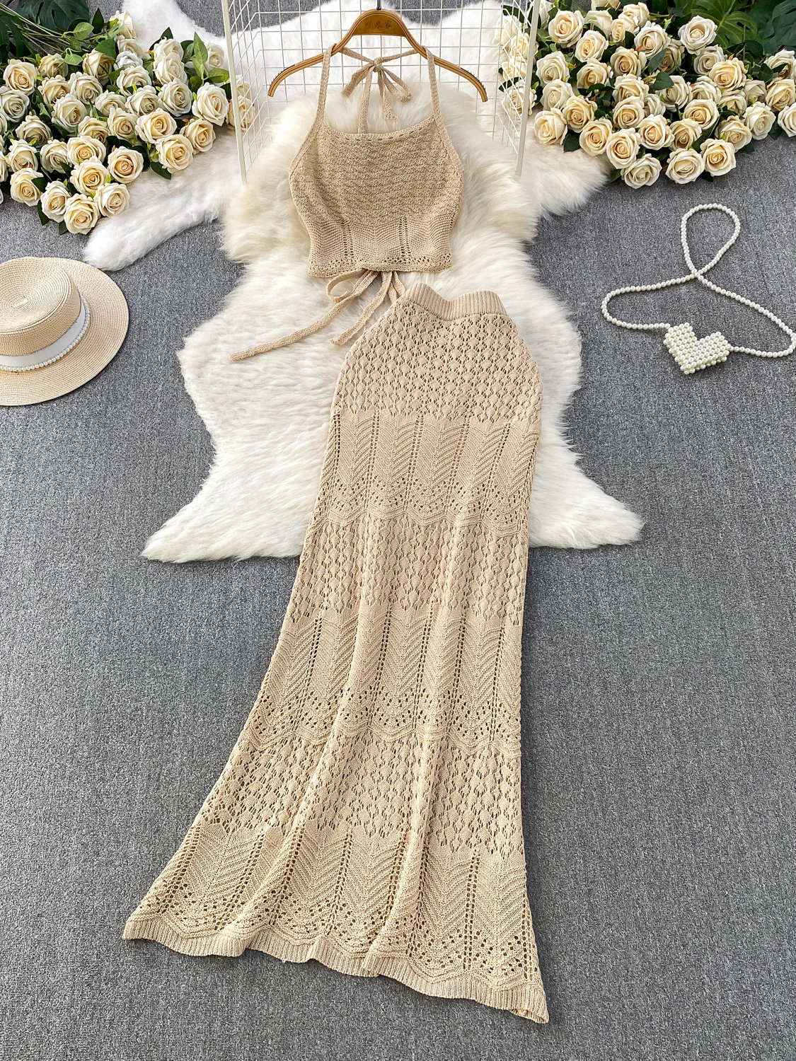 Bohemian Style Sexy Backless Knitted Long Dress Set Elegant High Waist Hollow out Neckline Two-Piece Suit for Casual Vacation