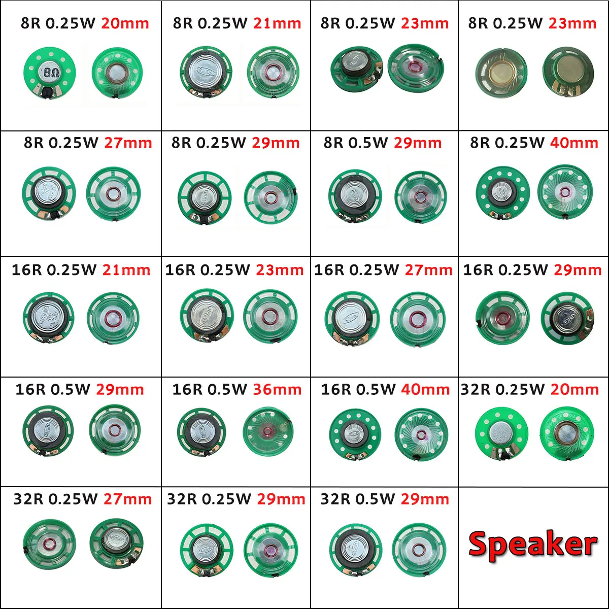 JCD 2PIece 8 16 Ohm 0.25W 0.5W 32Ohm 8R 16R 32R Horn Loudspeaker 20mm 21mm 23mm 27mm 29mm 36mm 40mm Diameter Loud Speaker