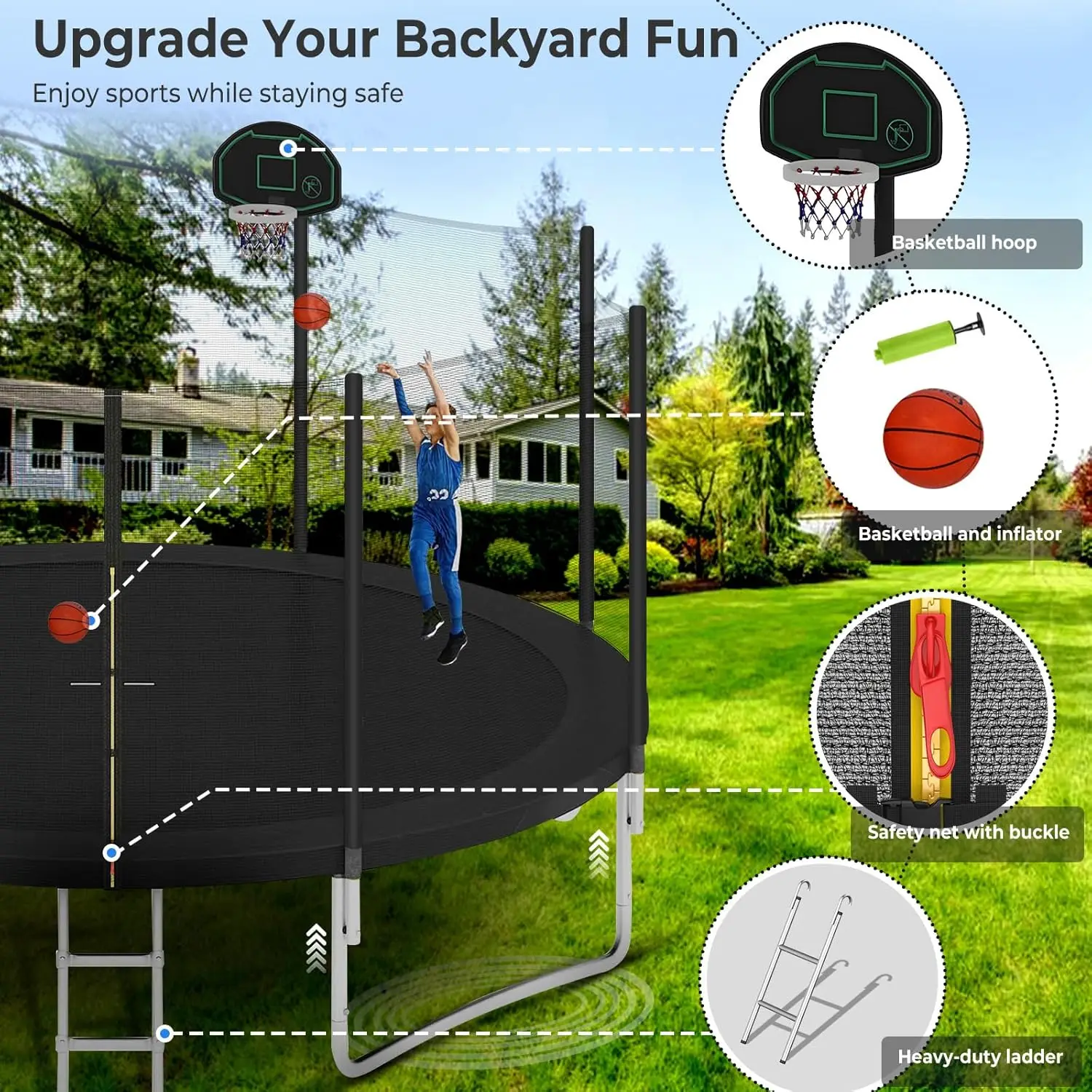 Trampoline for Kids and Adults, Large Outdoor Trampoline with Enclosure, Backyard Trampoline with B