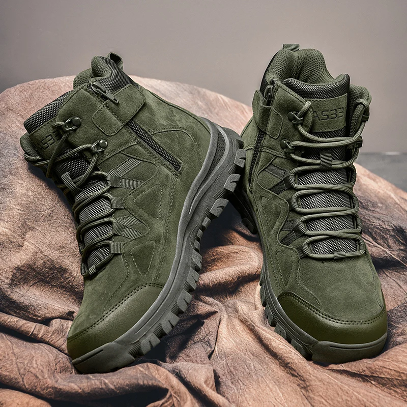

Men's Winter High-Top Desert Mountain Climbing Boots Anti-Slip Waterproof Side Zipper Military Green Workwear Boots