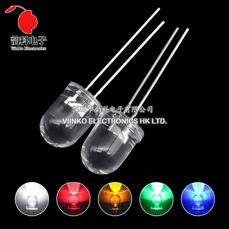 10pcs F10 10mm LED 5 Colors Red Blue Yellow Green White Transparent 20mA 0.75W Ultra Bright Round LED Light Emitting Diode Lamp