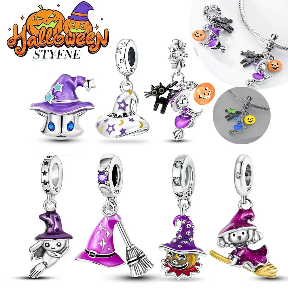 925 Silver Plated Halloween Glowing Magic Hat Witch Black Cat Pumpkin Pendant Beads Fit Original Bracelet Jewelry Gift