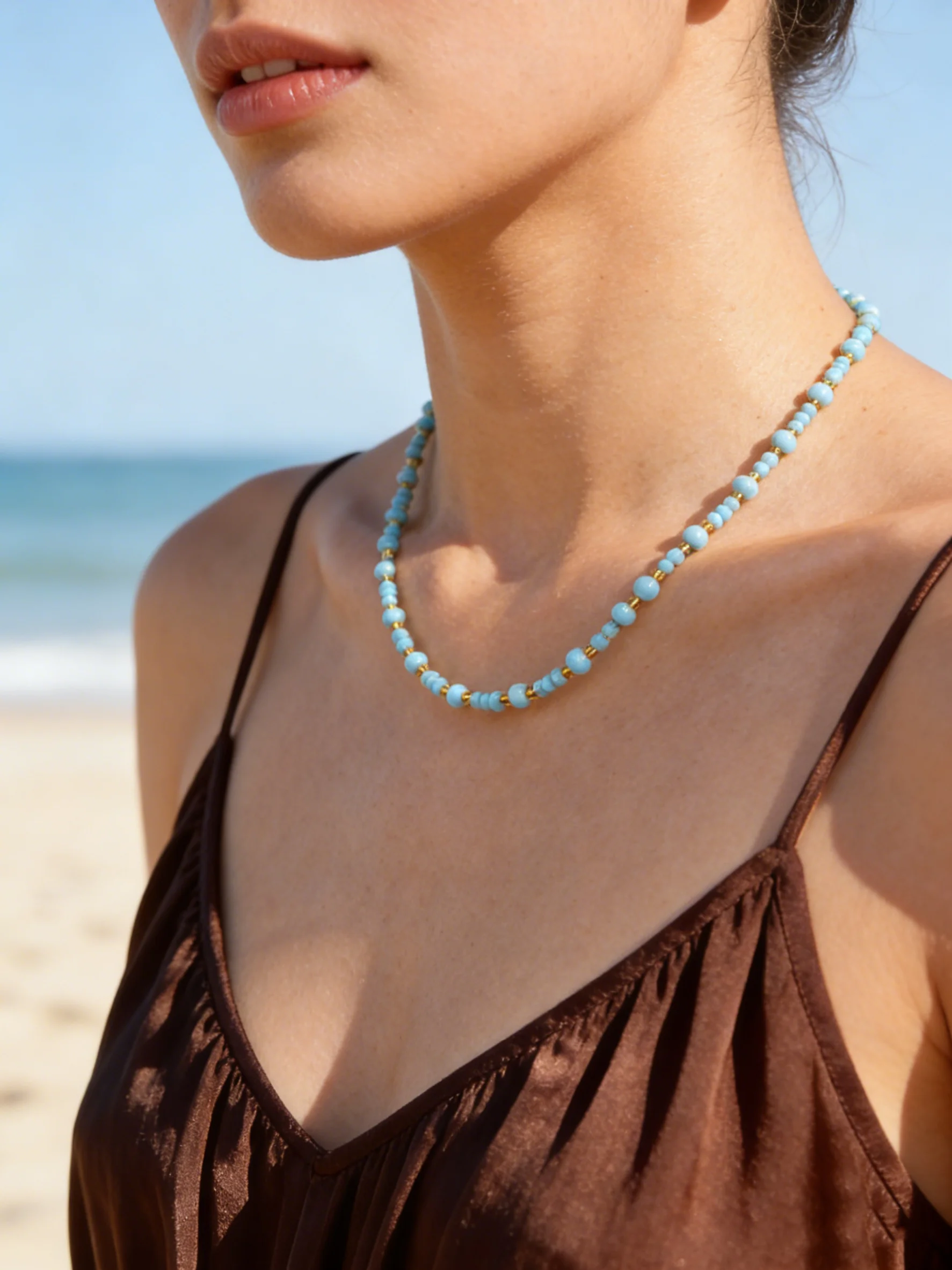 Fashion Boho Blue Rice Bead Beads Necklace for Women, Stainless Steel Beaded Collar Necklace, Summer Jewelry Accessories Gifts