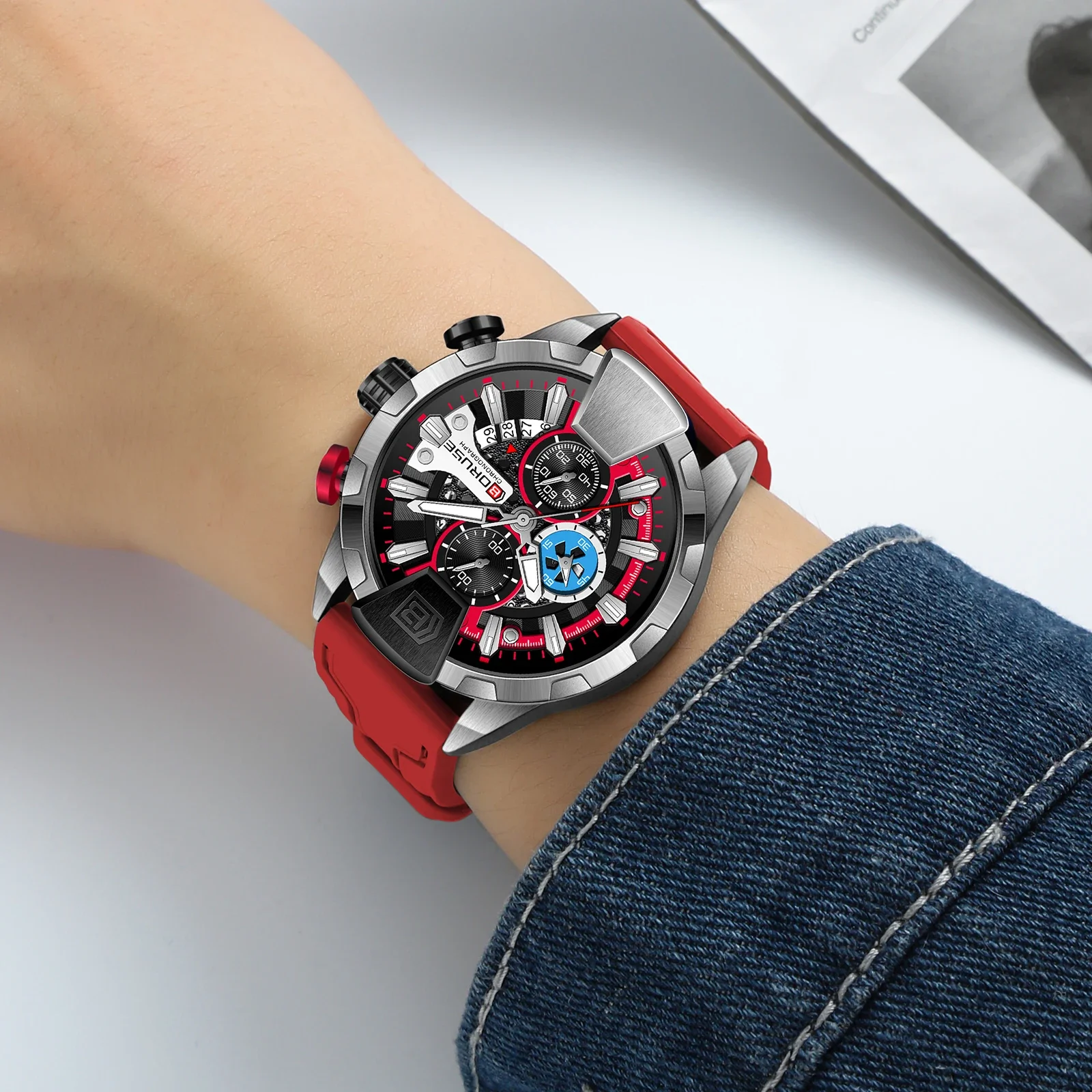 BORUSE Watches for Men Red Waterproof Chronograph Watch Mens Business Wristwatch Calendar Clock Relogio Masculino view 6
