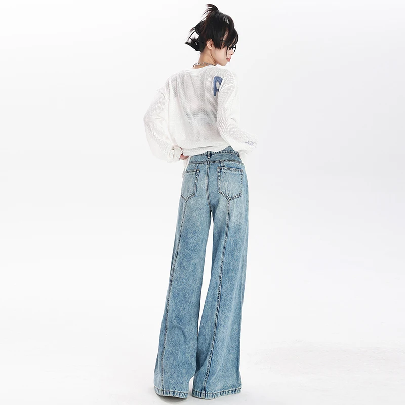 Jean Délavé Vintage à Taille Haute pour Femme, Pantalon Droit Baggy Décontracté, Jambes Larges, en Denim, Nouvelle Collection, 2024, Harajuku