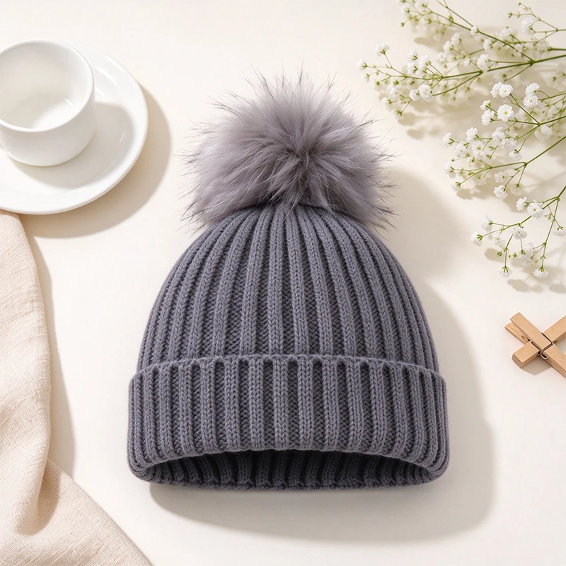 Adult Ribbed Knit Beanie Hat with Fluffy Fur Pom Pom Warm Thick Cuffed Winter Skull Cap for Women Men Outdoor Daily Winter Cap