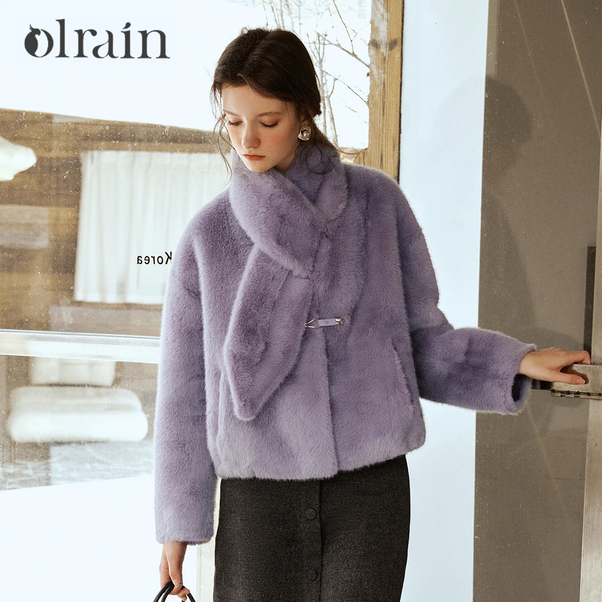 OLrain clothing 2026 autumn and winter new French purple detachable shawl environmentally friendly fur integrate GO58DP003626