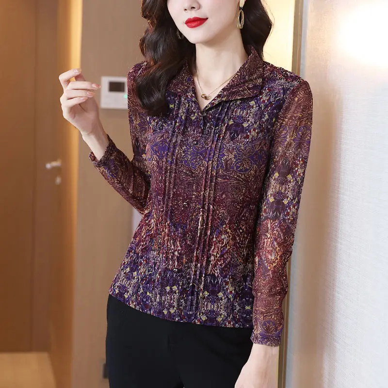 Elegant Vintage Stylish Pleated Shirt Women\'s Clothing Vintage Folk Printed Spring Autumn Long Sleeve Commute Straight Blouse