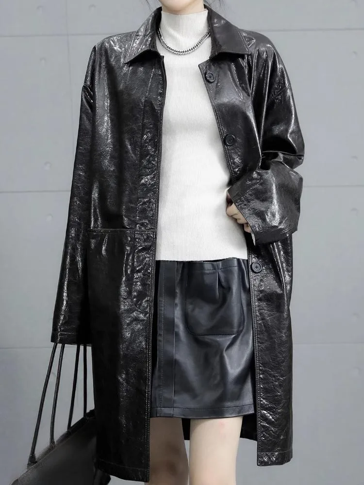 سترة Streetwear بجيب واحد الصدر بلون سادة من الجلد الطبيعي مع طية صدر السترة وأكمام طويلة معطف فضفاض من جلد البقر للسيدات #5