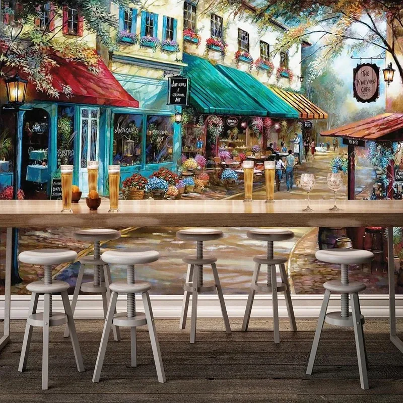 Custom 3D Wallpaper Retro Hand-painted European Style Street Corner Building Restaurant Cafe Mural Background Wall Decor Fresco