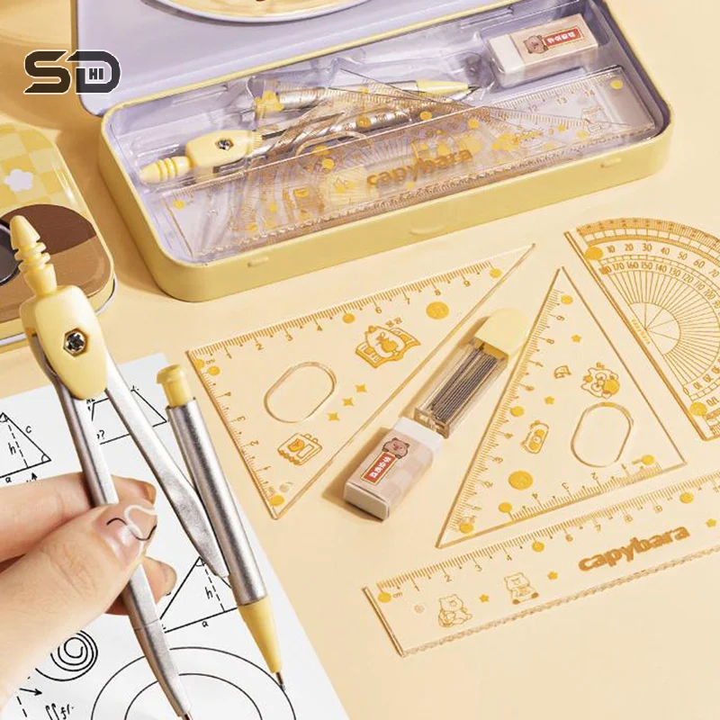 

7Pcs Cartoon Cute Student Rulers Protractor Compass Clear Scale Precise Accurate Math Geometry Set Stationery School Supplies