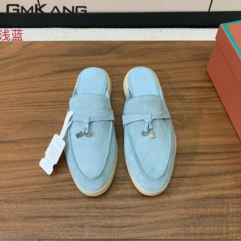 

2024 Men's Flat Bottom Casual Shoes Summer High Quality Suede Leather Tassel Metal Buckle Women's Men's Slippers Women's Retro R