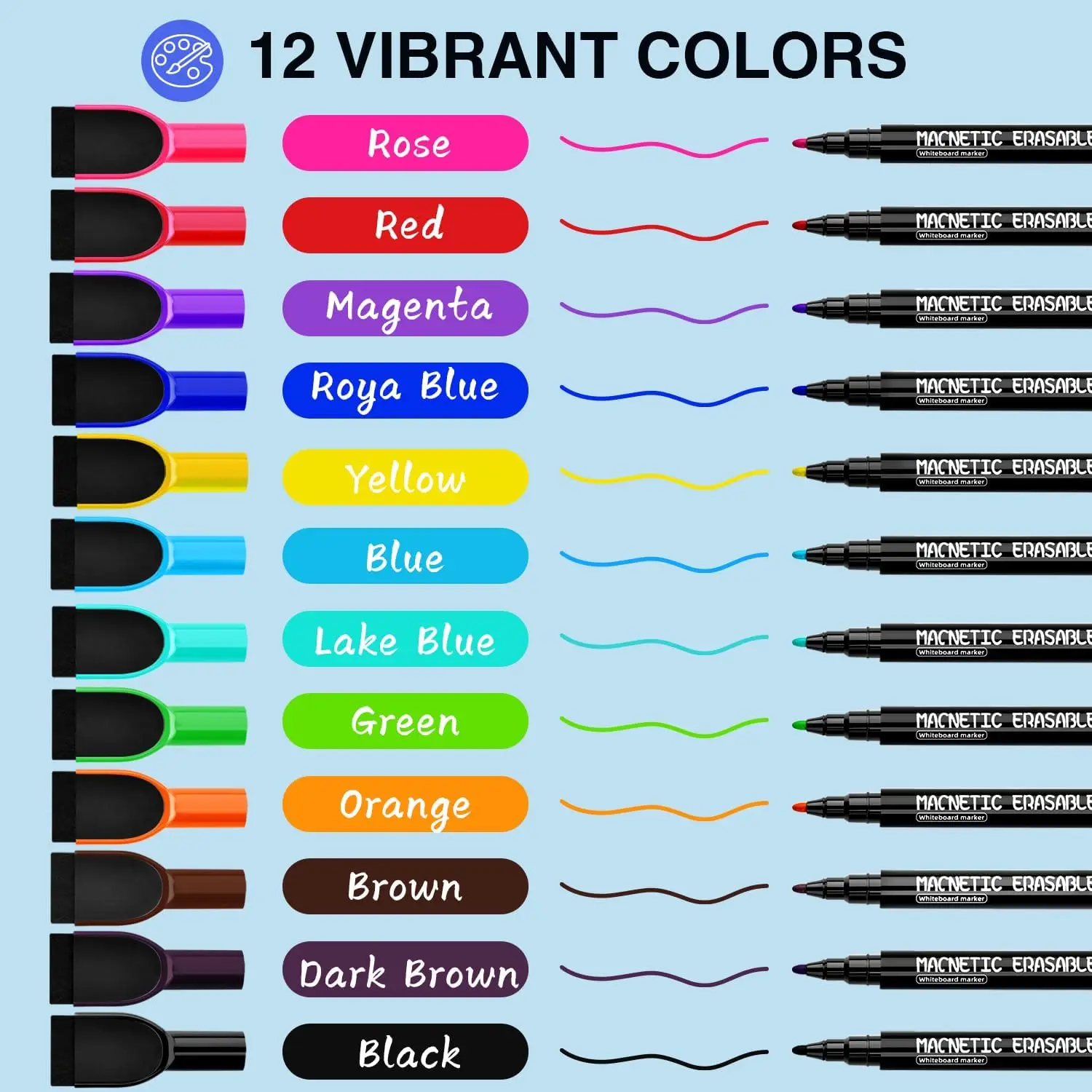 Fine Tip Dry Erase Markers 12 Colors with Magnetic Eraser Cap, Low Odor Thin Whiteboard Markers for Office and Home Use