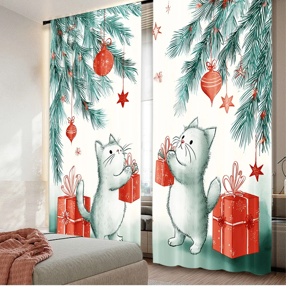 2D flat printing 2pcs Scene Curtain Christmas Playful Cats Digital Printed Polyester Drapes Birthday Party for Holiday Portraits