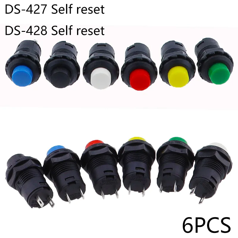 6 sztuk samoblokujące/chwilowe przełączniki przyciskowe DS228 DS428 12mm OFF-ON przełącznik wciskany 3A/125VAC 1.5A/250VAC DS-228 DS-428