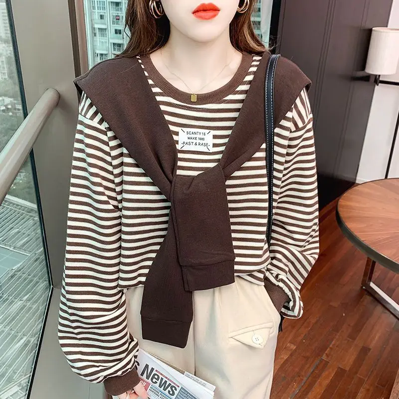 

Shawl Two-piece Hoodie Women's Design Sense Niche Spring and Autumn Loose Korean Version Round Neck Pullover Striped Top Jacket