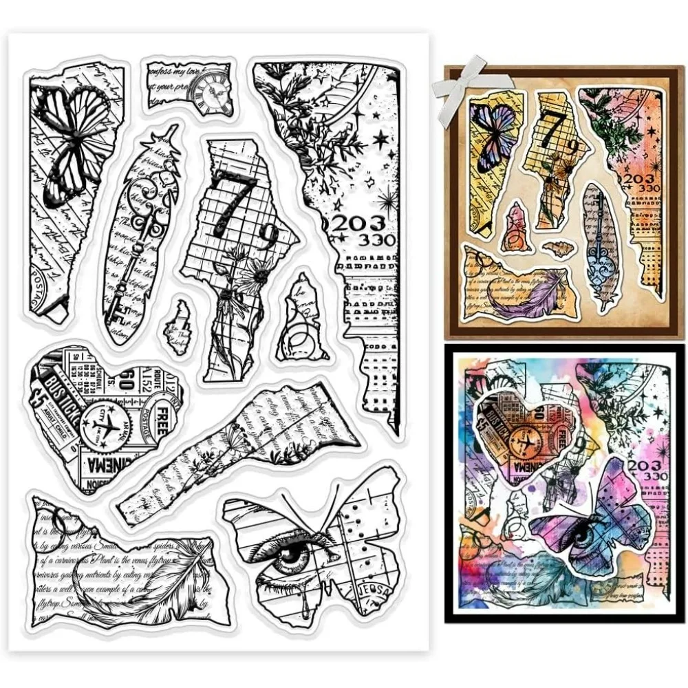 Torn Paper Background Clear Stamps Vintage Ticket Plants Silicone Clear Stamp Seals Transparent Stamps for DIY Scrapbooking