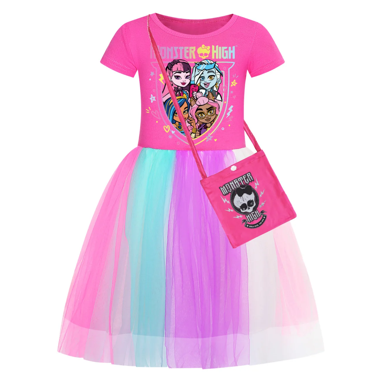 New Summer Monster High Clothes Cartoon Doll Frankie Stein Cosplay Costume Baby Girls Dress Bag Set Kawaii Kids Princess Dresses