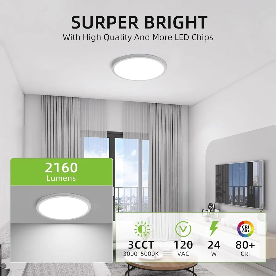 2 Pack 12 Inch Selectable CCT LED Round Flat Panel Light 24W 3000K 4000K 5000K EdgeLit Flush Mount Ceiling Light Fixture for Ki