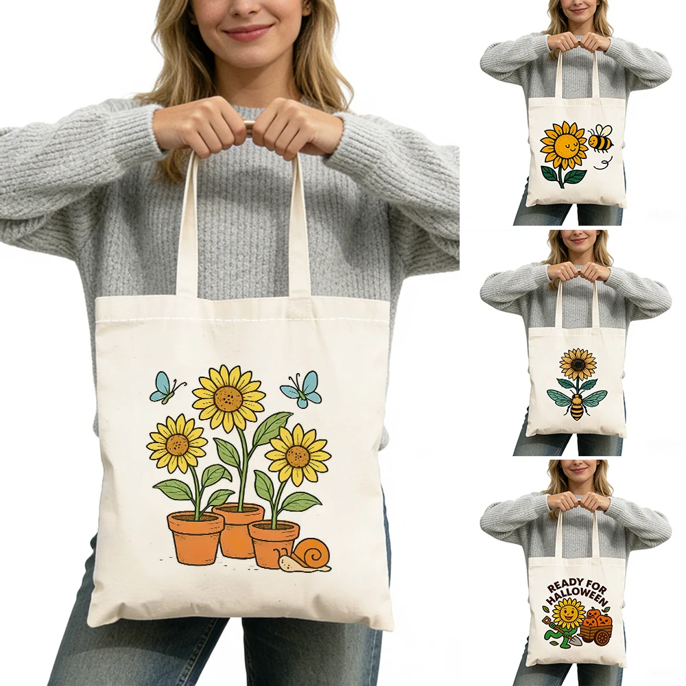 

Potted Sunflower Lady Shopper Bags Smiling Bee Women Daily use Shoulder Handbag Double Print Halloween Girl Shopping Bag 40x45cm